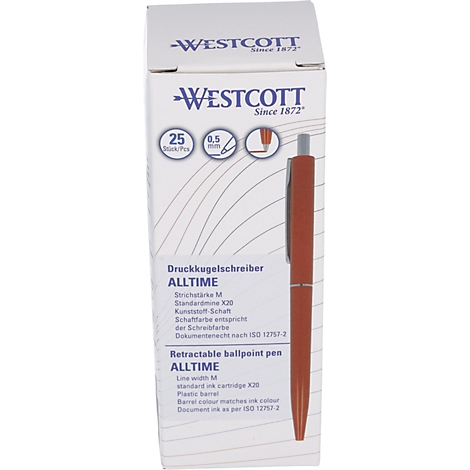 Hellbrauner Kugelschreiber mit Box. Schriftzug: Westcott, Alltime, 25 Stück/Pack.