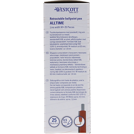 Nahaufnahme einer Kugelschreiberschachtel mit Produktinformationen. Im unteren Bereich befinden sich Illustrationen und Angaben zur Stiftgröße.