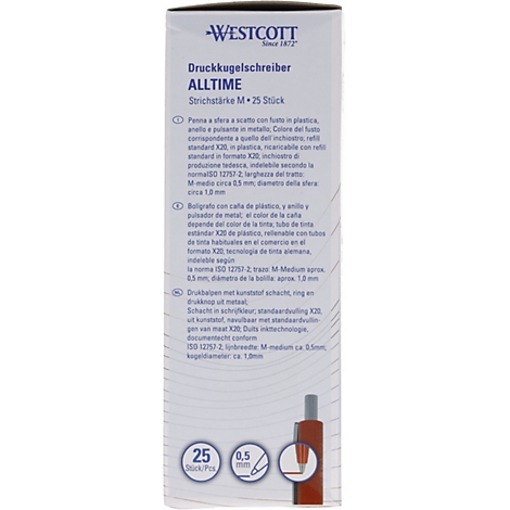 Nahaufnahme einer Stifthalterung. Beschriftungen zeigen 'WESTCOTT', 'Druckkugelschreiber ALLTIME M', '25 Stück' und '0.5 mm'.