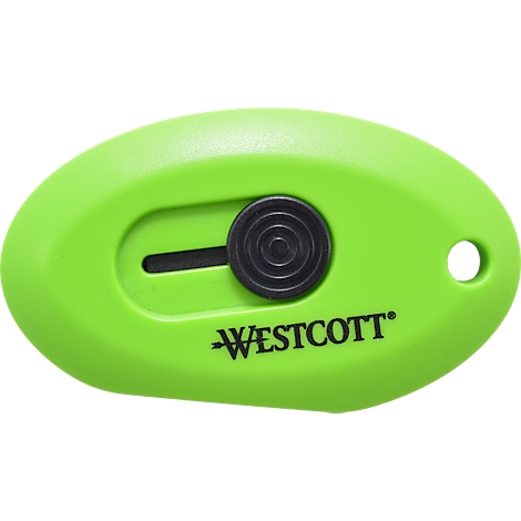 Green Westcott safety cutter. Black rotating knob and cutting blade. Rounded shape with a hole.