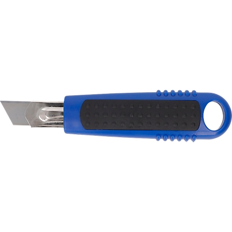 Blue and black utility knife with silver blade.
