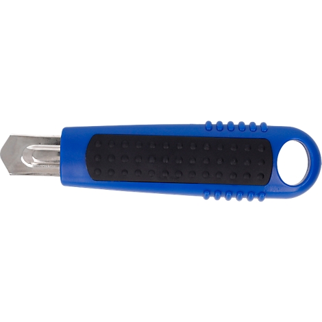 Blue tool with handle. Black textured grip area. Metal blade with angled tip.