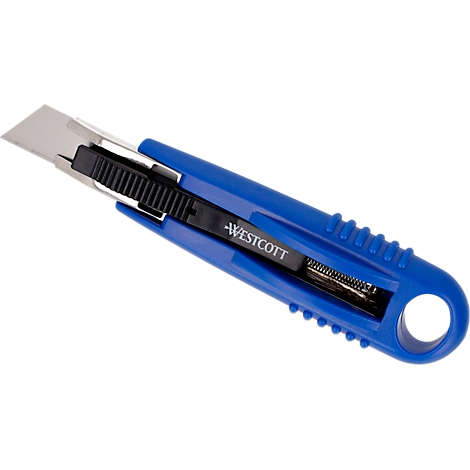 Blue utility knife with silver blade and black adjustment wheel, inscription: WESTCOTT.