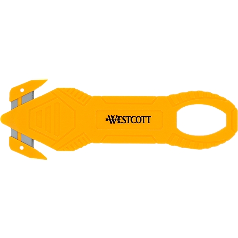 Yellow Westcott knife with black logo. It has an oval handle loop.