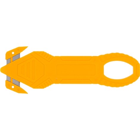 Yellow tool for cutting packaging. Trapezoidal, with loop and gray blade.
