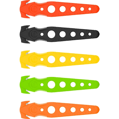 Five different colored rescue knives, orange, black, yellow, green and orange. They have a handle, a blade and holes.