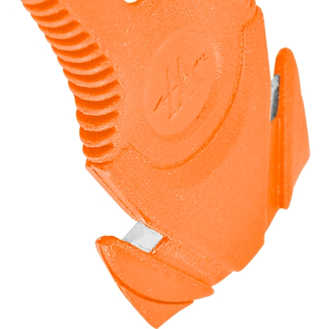 Close-up of an orange emergency tool with a blade.