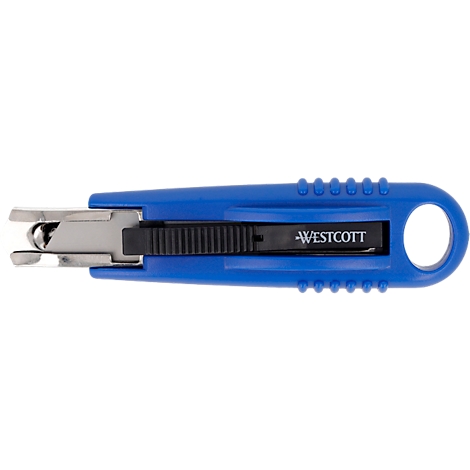 Blauer Brieföffner mit Griff, silberfarbener Klinge und Schriftzug "WESTCOTT".