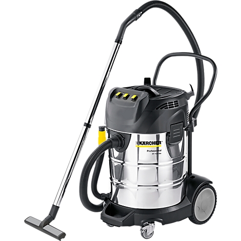 Wet and dry vacuum cleaner, silver tank, black lid, handle and hose. Has wheels to move it. The name Kärcher is printed.
