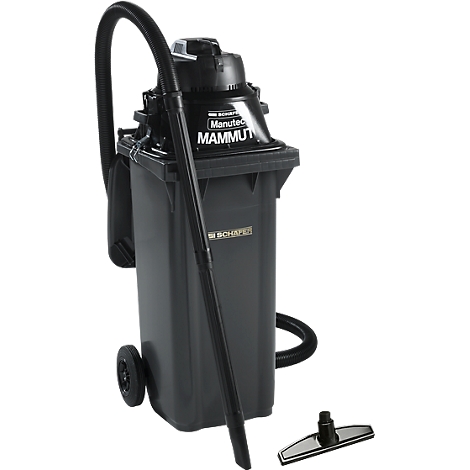 Black industrial vacuum cleaner with hose and accessories. The device stands on wheels and has a handle.