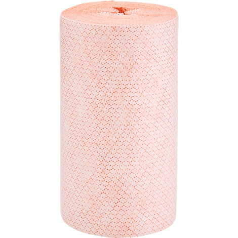 Cilindervormige rol roze stof met fijne rode stippen. Het oppervlak lijkt licht gestructureerd.