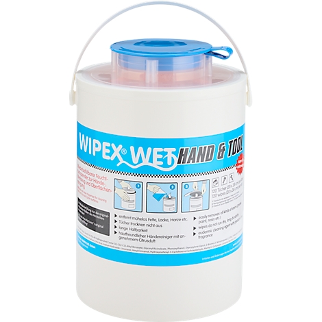 Emmer met schoonmaak- of vochtige doekjes, blauw deksel en handvat.