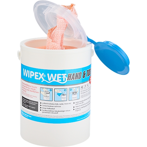 Witte container met reinigingsdoekjes met blauw deksel. Tekst: WIPEX Wet Hand & Tool.