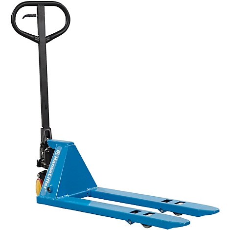 Blue pallet truck, fork facing forward; black handle.