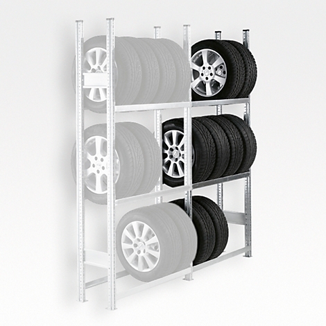 Tire rack with several tires, against a white background.