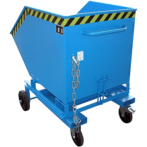 Blue painted tipping container on wheels. The container has a warning tape and a chain for securing.