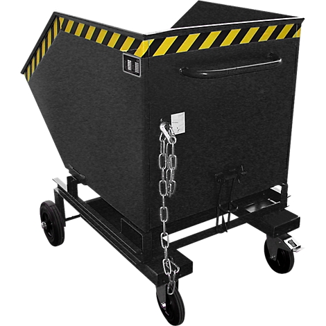 Black tilting container on wheels with yellow and black warning stripes.