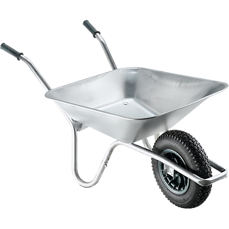 A silver wheelbarrow with black tire and handles, against a white background.