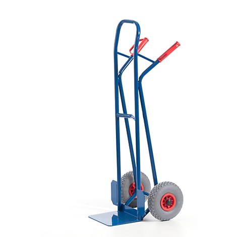 Blue hand truck with red handles and gray wheels against a white background.