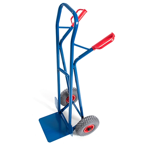Blue hand truck against white background. Red handles and gray wheels.