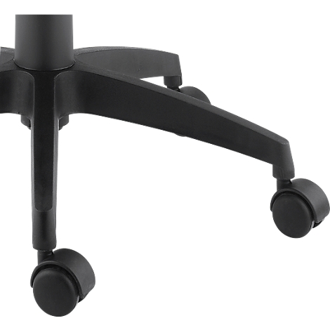 Close-up of the black base of an office chair with wheels.