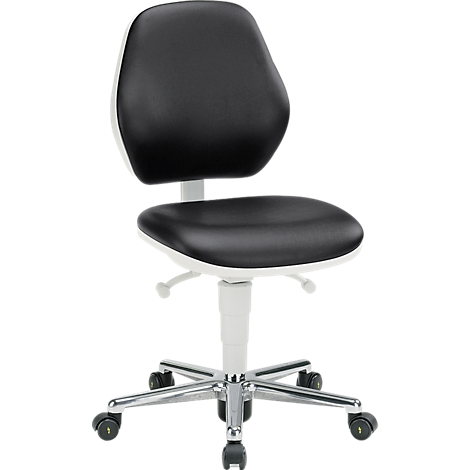 Office chair with black seat and backrest, white frame and chrome base.