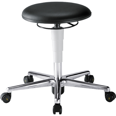 Black swivel stool with round seat, white column, and silver caster feet.
