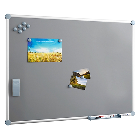 Gray magnetic board with photos, pens and eraser.