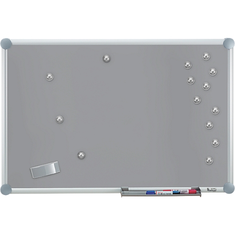 Gray magnetic board, with markers, magnets and sponge.