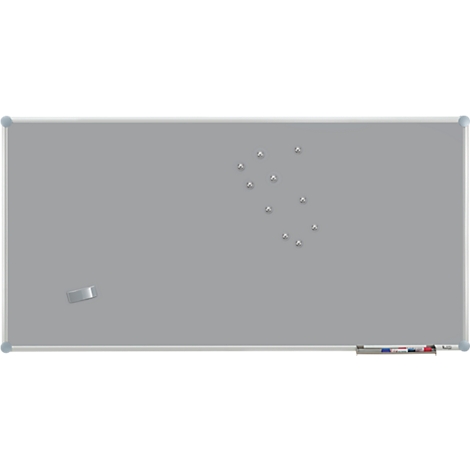 Grey board with silver magnets and a sponge.