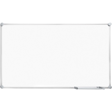 An empty rectangular whiteboard with a white surface and silver frame. Below a pen tray.