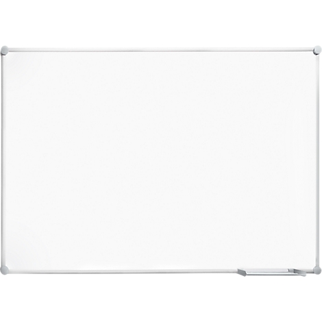 White whiteboard with silver frame and pen holder.