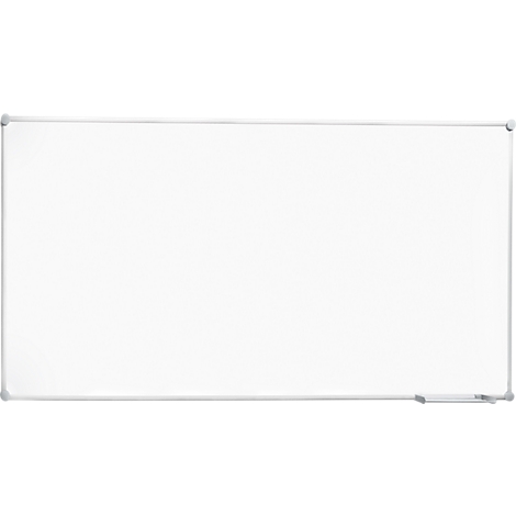 White whiteboard with gray frame. There is a small pen holder on the bottom right.