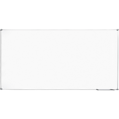 Empty white magnetic board with silver frame and pen holder.