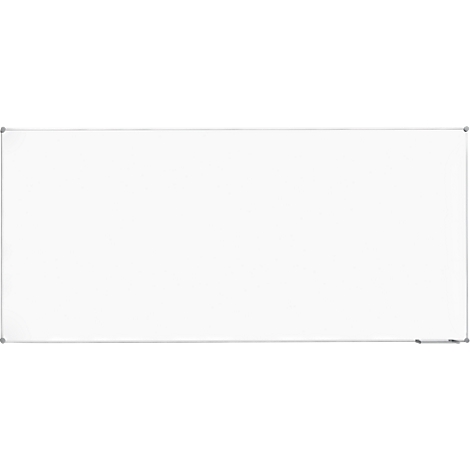 Empty white board with metal frame and pen holder.