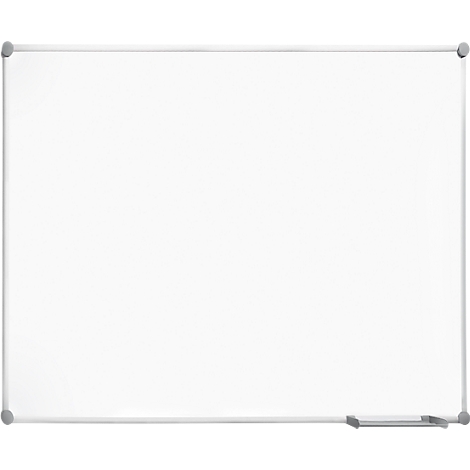 A blank white board with a silver frame. A sponge lies on the bottom edge.