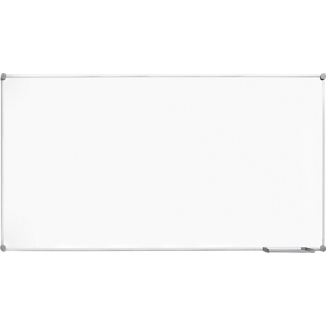 Large, rectangular, white magnetic whiteboard with a silver frame. A sponge lies at the lower right corner.