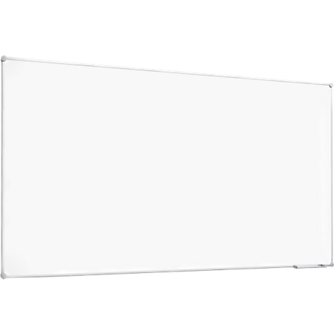 A white whiteboard with a silver frame. A pen holder is attached on one corner.