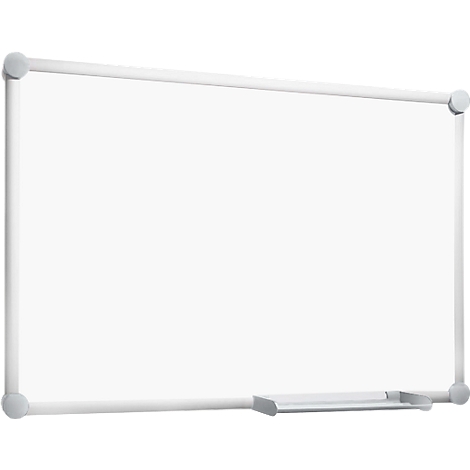 Whiteboard with a silver frame and shelf. Corner connectors and frame are round.