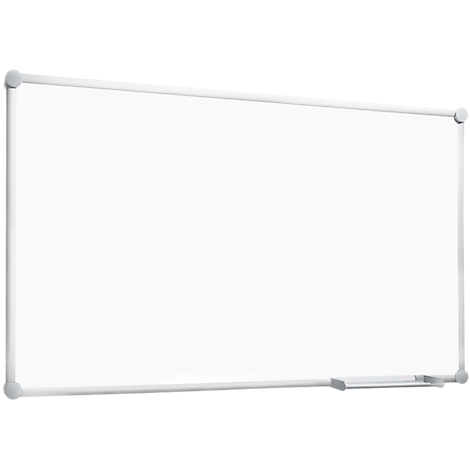 Whiteboard with silver frame, dry-erase. A sponge holder is attached to the bottom.
