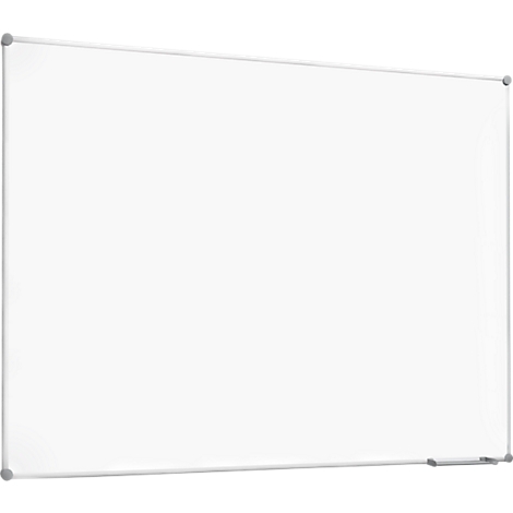 An empty, rectangular white board with a narrow silver frame.