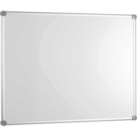 A white whiteboard with a silver frame. Corner connectors in gray.