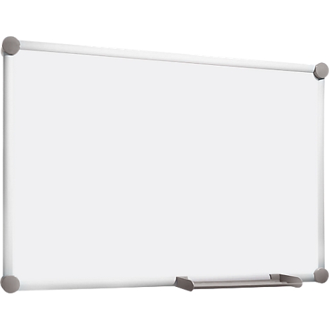 White whiteboard with silver frame and holder for pens at the bottom. Corner connections gray.