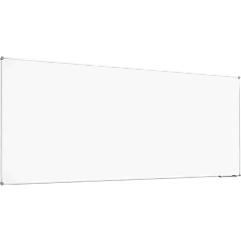 White rectangular whiteboard with a narrow, silver-colored frame, viewed slightly from the top right.