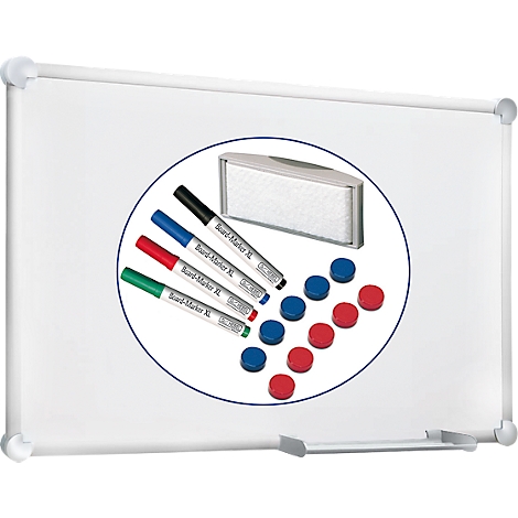 Een whiteboard met accessoireset, bestaande uit vier markers, een wisser en tien gekleurde magneten.