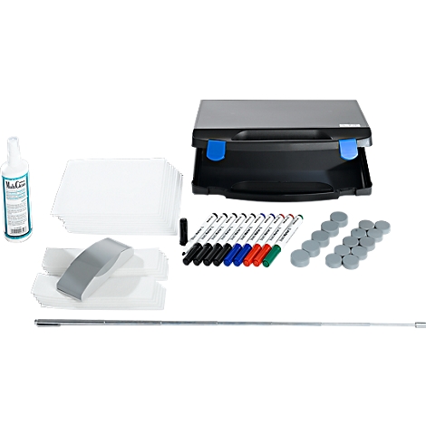 Presentation set with whiteboard, pens, magnets and accessories. Everything in a black case.