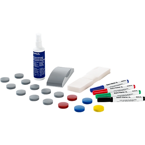 A set for writing on whiteboards, consisting of magnets, markers, sponge and cleaning spray.