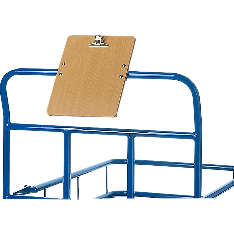 A detailed view of a transport cart with a wooden clipboard. The holder is made of blue metal, the board is attached with metal.