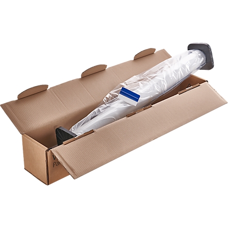 A product inside an opened cardboard box. The product is wrapped in foil.