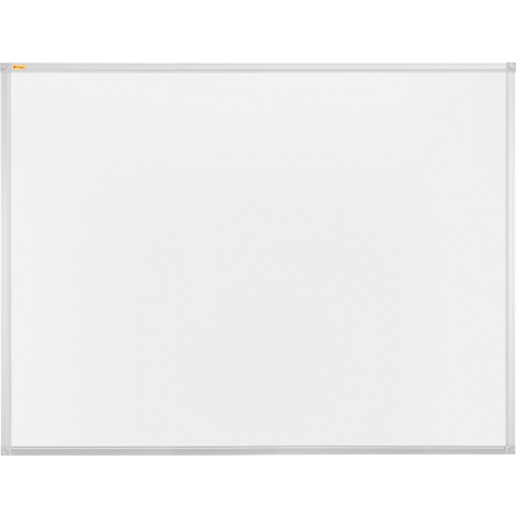 Wit whiteboard met een smal, grijs frame. Het bovenste frame heeft een klein, oranje logo.